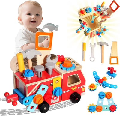 Houten gereedschapsset voor peuters - Montessori-speelgoed, brandweerwagenvormige doos - Rollenspeelgoed - Speelgoed voor de ontwikkeling van de fijne motoriek - Geschikt voor kinderen van 2-5 jaar
