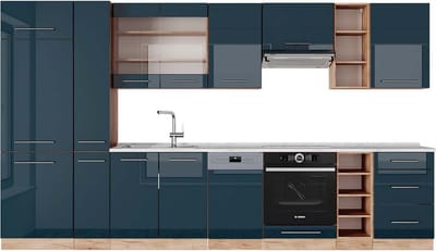 Vicco Fame-Line Complete keukeneenheid – 355 cm, WB Marmer Donkerblauw hoogglans/gouden eik