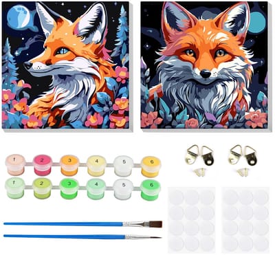 JHUBERS- Verf op Nummer - 2 Stuks Vossen - Dierendoe-Het-Zelf - Canvas 8x8 Inch - Beginners/Volwassenen - Wanddecoratie - Schilderkit