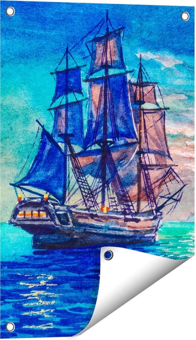 Gards Tuinposter Oude Piratenschip Zeilboot Getekend - 40x60 cm - Tuindoek - Tuindecoratie - Wanddecoratie buiten - Tuinschilderij