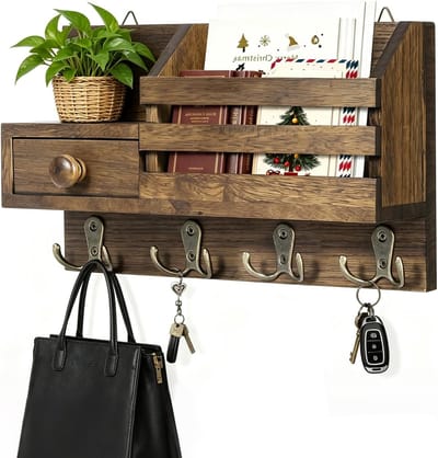 Houten sleutelrek met plank en 8 haken, decoratieve wandsleutelhouder voor ruimtebesparing en organisatie