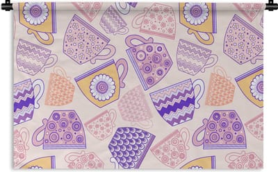 Wandkleed - Wanddoek - Patronen - Theekopjes - Thee - 90x60 cm - Wandtapijt