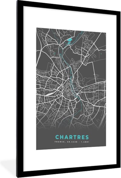 Fotolijst incl. Poster - Chartres - Plattegrond - Kaart - Stadskaart - Frankrijk - 60x90 cm - Posterlijst