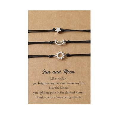 Vriendschapsarmbandjes voor 3 met Ster, Maan & Zon - Zilverkleurig met Zwarte Bandjes - BFF Armband op Cadeau kaartje - Pax Amare