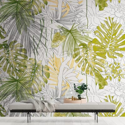 Fotobehang Profhome 382321-GU vliesbehang hardvinyl warmdruk in reliëf glad in jungle stijl mat groen wit grijs geel 3,71 m x 2,8 m