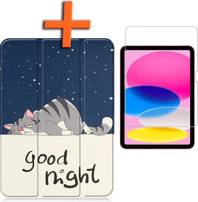 Hoesje - Geschikt voor Apple iPad 10 (2022) - 10.9 inch - 10e Generatie - Met Screenprotector - Trifold Bookcase - Hard Cover - Hardcover Book Case - Tablet Hoes - Kat