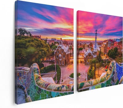 Artaza Canvas Schilderij Tweeluik Park Güell Uitzicht op Barcelona - 120x80 - Foto Op Canvas - Canvas Print