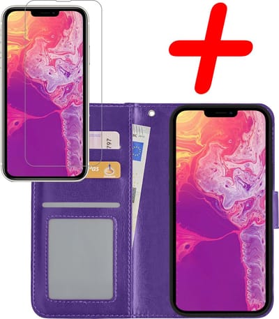 Hoesje Met Screenprotector - Geschikt voor Apple iPhone 14 Pro - Luxe Pasjeshouder - Bookcase Portemonee - Flip Case - Kunstleer Book Case - Flipcase - Book Cover - Walletcase - Portemonneehoes - Paars