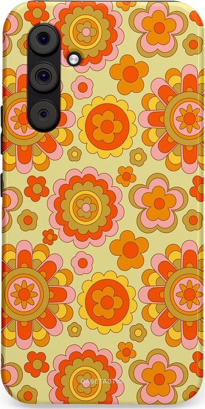 Casetastic Hoesje Geschikt voor Samsung A54 (5G) - Stijlvolle Beschermende Duo-layer Case - Retro Oranje Bloemen