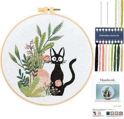 Borduurset voor beginners en volwassenen, volledige reeks startset voor kattenborduurwerk, doe-het-zelf gestempeld kruissteekpakket met schattig kattenpatroon, handgemaakte borduurset met