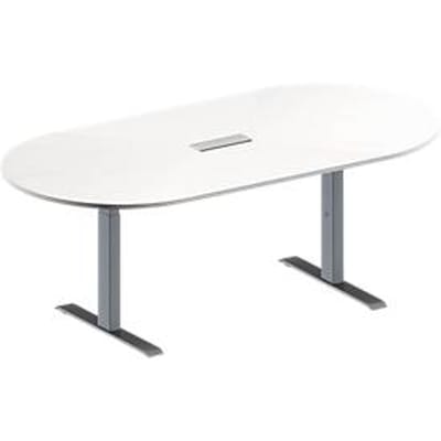 Schäfer Shop Genius Vergadertafel MODENA FLEX, in hoogte verstelbaar, 3-voudige contactdoos, ovale vorm, T-poot rechthoekige buis, B 2000 x D 1000 mm, wit