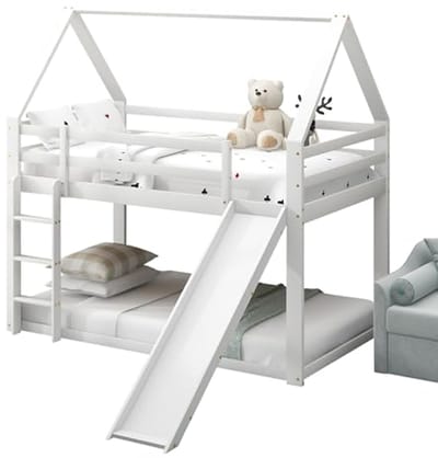 Stapelbed 90 x 200 cm met glijbaan, ladder en valbeveiliging - Kinderbed, Hoogslaper - Wit