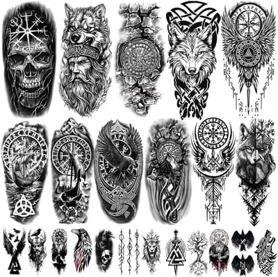 Dailygoods- Tijdelijke Tatoeages 77 Vellen - Viking/Tijdelijke Tatoeages - Scandinavische/Keltische Patronen - Totempatronen - Yggdrasil/Valknut Tatoeages - Voor Volwassenen - Bodyart