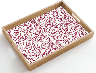 Dienblad hout 50x35 cm - Schootdienblad - Kronkelende lijn - Magenta - Crème - Borrelplank rechthoek - Plateau dienbladen