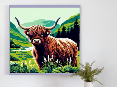Pixel art schotse hooglander schilderij | Schotse Hooglander in Pixels: Een Kunstzinnig Pixelavontuur vol Kleur | Kunst - 40x40 centimeter op Dibond | Foto op Dibond