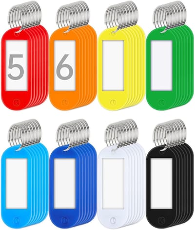56 stuks plastic sleutelhangers met sleutelhangerring, beschrijfbare sleutelhangerlabels - 8 kleuren