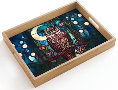 Dienblad hout 40x30 cm - Schootdienblad - Uil - Mozaïek - Maan - Nacht - Borrelplank rechthoek - Plateau dienbladen