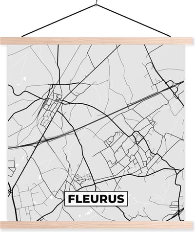 Posterhanger incl. Poster 40x40 cm - Schoolplaat - Stadskaart – Zwart Wit - Kaart – Fleurus – België – Plattegrond - Textielposter - Blanke latten - Stadskaart