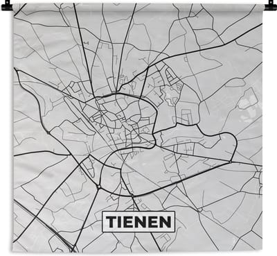 Wandkleed - Wanddoek - Stadskaart – Zwart Wit - Kaart – Tienen – België – Plattegrond - 180x180 cm - Wandtapijt