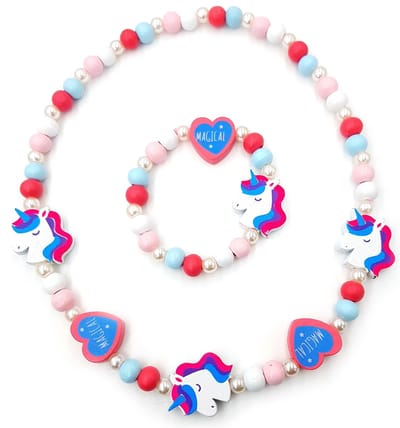 Kinderketting en armband voor meisjes houten kraaltjes roze en blauw unicorn en hartjes