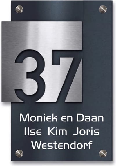 zwart naambordje voordeur met rvs look bovenbord huisnummer 14x20cm