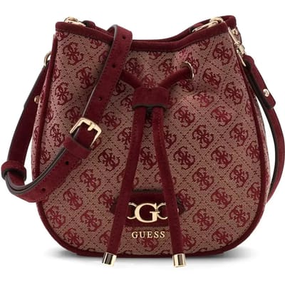 GUESS schoudertas Samantha Mini Bucket Merlot Logo wijnrood