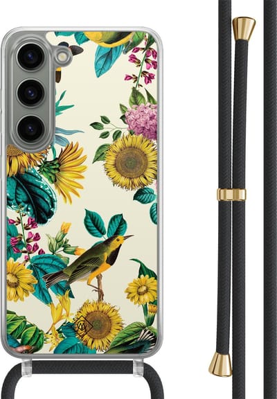 Casimoda® hoesje met zwart koord - Geschikt voor Samsung S23 - Zonnebloemen / Bloemen - Afneembaar koord - TPU/polycarbonaat - Geel