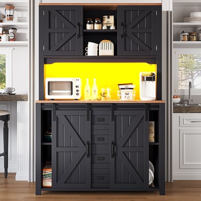 Buffetkast 115x40x174,7 cm - Met Schuifdeuren en LED Verlichting - Opbergkast - Hout - Zwart Wit