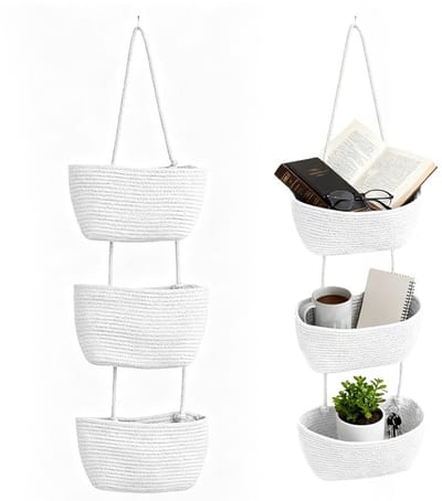 Dailygoods - Veelzijdige hangende organizer, 3 etagères, gevlochten mand, hangende wandorganizer, wandhangende opbergtas, wandhangende tas voor badkamer, kinderkamer, slaapkamer (wit)