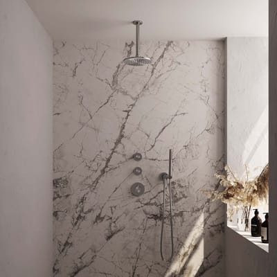 Brauer Brushed Edition thermostatische inbouw regendouche SET 05 met 20 cm douchekop en plafondarm en staaf handdouche en doucheslang en wandaansluitbocht RVS geborsteld PVD