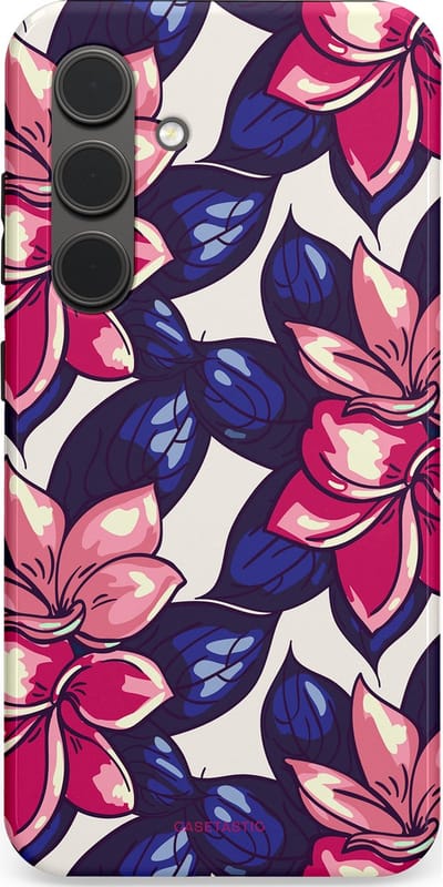 Casetastic hoesje geschikt voor Samsung Galaxy S24 - Dubbellaagse bescherming - Tropen paradijs - Fashion Case - Donkerblauw Roze Koraal Lila