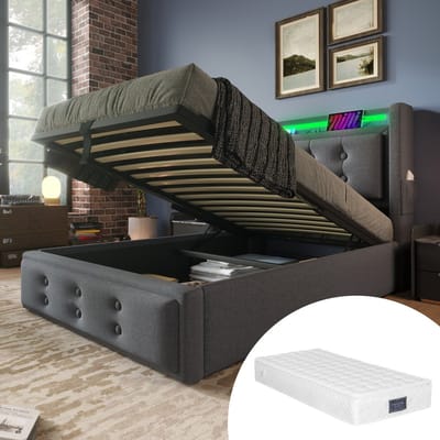 DESMIU Gestoffeerd Bed 90x200 cm – Met Led-Hoofdbord En Oplaadfunctie – Hydraulische Opbergruimte – Voor Slaapkamer En Jeugdkamer – Katoenlinnen – Grijs – Met Matras