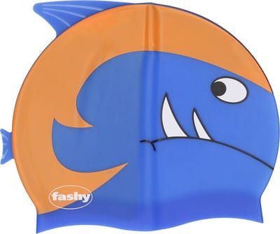 Blauw/oranje kinder badmuts met haai/vis - zwemmuts voor kinderen