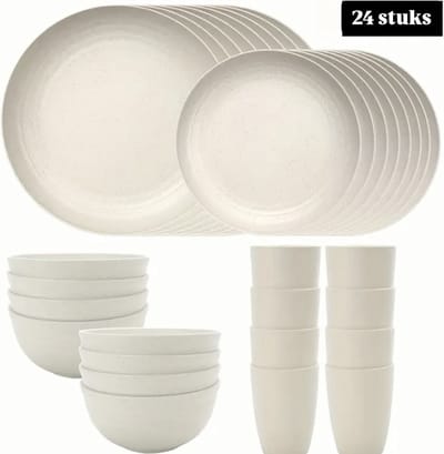 24-delige herbruikbare serviessets voor 6 personen (beige) - 100% BPA-vrij - onbreekbaar campingservies, magnetron/vaatwasmachinebestendig - lichtgewicht serviesset voor camping, feestjes, kamperen, picknick