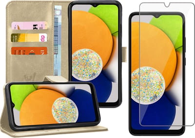 Hoesje geschikt voor Samsung A03 - Book Case Kunstleer Wallet Cover Portemonnee Pasjeshouder Hoes Goud - Tempered Glass Screenprotector