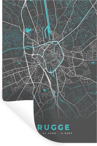 Muurstickers - Sticker Folie - Stadskaart – Grijs - Kaart – Brugge – België – Plattegrond - 20x30 cm - Plakfolie - Muurstickers Kinderkamer - Zelfklevend Behang - Zelfklevend behangpapier - Stickerfolie