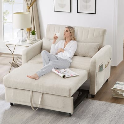 MODENUIT Slaapbank 2-Zits - Uitschuifbaar Met 3-Standen Rugleuning - Voor Woonkamer En Studio - Linnen Beige