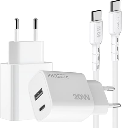 Phreeze usb C oplaadset 20w met usb C naar usb C kabel 1 meter - Power Delivery oplader voor telefoon en tablet met 2 poorten usb A en usb C