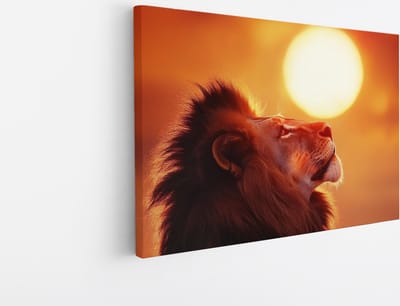 Saammp Canvas Schilderij - Leeuw met afrikaanse zon - Dieren - Natuur - 45x30 - Foto op canvas - Wanddecoratie - Muurdecoratie Woonkamer - Slaapkamer decoratie - Canvas Print