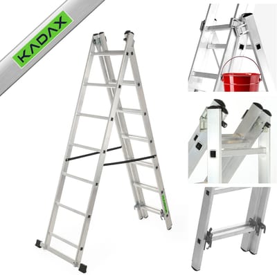 KADAX Multifunctionele ladder, multifunctionele ladder van aluminium, ladder tot 150 kg, multifunctionele ladder, combiladder, staande ladder met haken, schuifladders (7 treden)