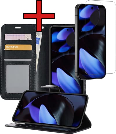 Hoesje - Met Screenprotector - Geschikt voor Google Pixel 9 - Luxe Pasjeshouder - Flipcase - Bookcase Portemonee - Flip Case - Kunstleer Book Case - Book Cover - Walletcase - Portemonneehoes - Telefoonhoes - Zwart