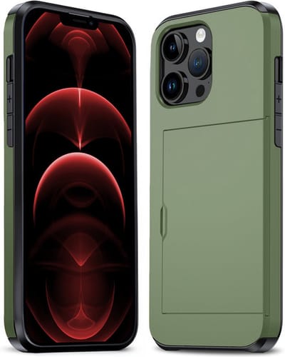 Hoesje Geschikt voor iPhone 14 Pro Hoesje Pasjeshouder Shockproof Hard Case - Hoesje Geschikt voor iPhone 14 Pro Hoes Met Kaarthouder - Donkergroen