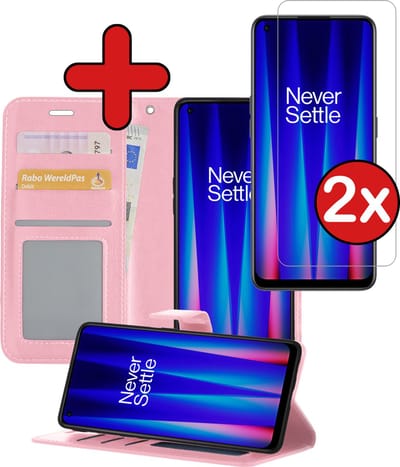 Hoesje - Met 2x Screenprotector - Geschikt voor OnePlus Nord CE 2 - Luxe Pasjeshouder - Flip Case - Bookcase Portemonee - Kunstleer Book Case - Flipcase Hoes - Book Cover - Walletcase - Portemonneehoes - Telefoonhoes - Lichtroze