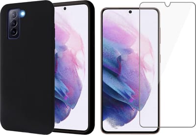Hoesje geschikt voor Samsung Galaxy S21 FE - Matte Back Cover Microvezel Siliconen Case Hoes Zwart - Tempered Glass Screenprotector