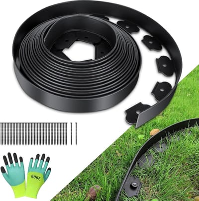 Flexibel PE plastic gazonranden zwart 10m lang 5cm hoog met grondankers - 60 stuks & handschoenen - Tuin Gazon Beton Steen Grind