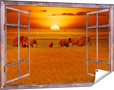 Gards Tuinposter Doorkijk Olifanten in het Wild - Zonsondergang - 120x80 cm - Tuindoek - Tuindecoratie - Wanddecoratie buiten - Tuinschilderij