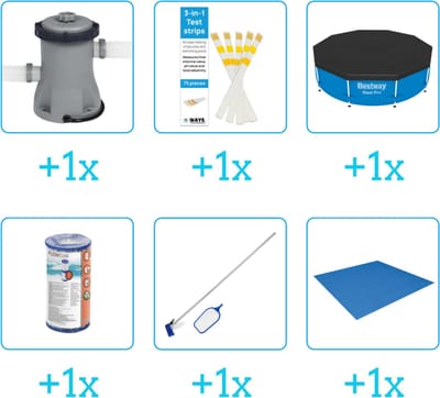 Accessoires voor Bestway Steel Pro Zwembad - 305x66 cm - Jungleprint - Rond - Bestway - 56985 - Pomp - Testrips - Afdekzeil - Filter - Schoonmaakset - Grondzeil