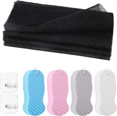 1 stuks Afrikaanse netspons en 4 douchespons met 2 kleefhaken, badspons, peelingspons lichaam en Afrikaanse netspons, rugschrobber, badlichaam, herbruikbaar, voor volwassenen en kinderen