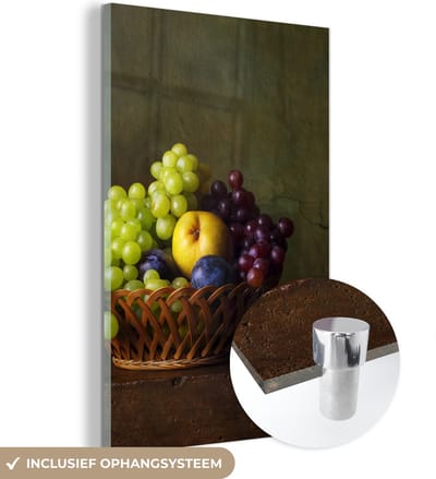 MuchoWow® Glasschilderij 120x180 cm - Schilderij acrylglas - Rustiek - Fruit - Kan - Mand - Stilleven - Foto op glas - Schilderijen