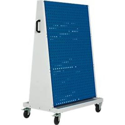 Verrijdbaar perforatiesysteem Perfo Rack Plus, 6 geperforeerde panelen, bodemplaat, duwbeugel, B 1000 x D 650 x H 1600 mm, staal, lichtgrijs RAL 7035/genziana blauw RAL 5010
